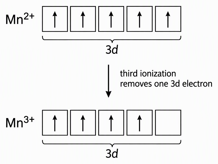 Two rows of five 3d orbital boxes showing Mn²⁺ with one upward electron arrow in every box and Mn³⁺ with one upward arrow in four boxes and the fifth empty, joined by an arrow labelled third ionization removes one 3d electron.