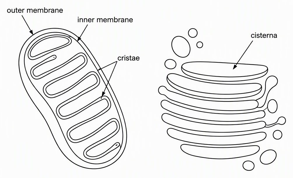 Two labelled panels showing a mitochondrion with outer membrane, inner membrane and its inward folds labelled cristae, beside a Golgi apparatus with stacked flattened disc-shaped sacs and one individual sac labelled cisterna.