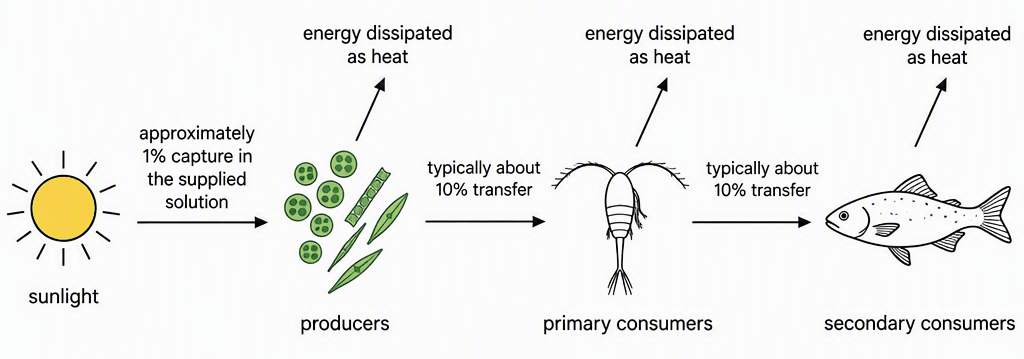 A left-to-right pathway from incident sunlight to producers to primary consumers to secondary consumers, with the sunlight-to-producer arrow labelled “approximately 1% capture in the supplied solution”, each consumer-transfer arrow labelled “typically about 10% transfer”, and