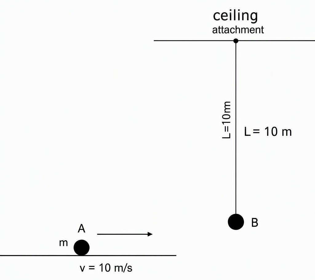 Point mass A of mass m travelling horizontally at 10 m/s collides with bob B of mass m hanging vertically at rest from the ceiling by a 10 m massless string; labels show velocity vector on A, string length L=10 m, bob B, ceiling attachment point.