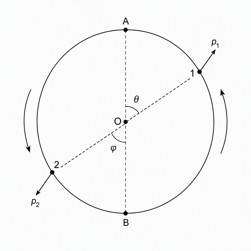 A circular wire centred at O with A at the top and B at the bottom, two particles labelled 1 and 2 at angles θ and φ on opposite semicircles, curved motion arrows in opposite directions, and tangential momentum arrows labelled p₁ and p₂