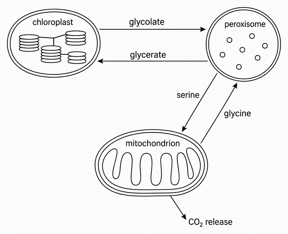 A photorespiratory transport pathway with compartments labelled chloroplast, peroxisome and mitochondrion, arrows labelled glycolate from chloroplast to peroxisome, glycine from peroxisome to mitochondrion, serine from mitochondrion to peroxisome and glycerate from peroxisome to